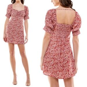 Nordstrom Smocked‎ Puff Sleeve Mini Dress Red Pink Size Small Sweetheart Boho S